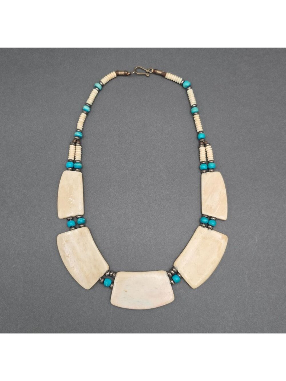Vintage Southwestern Carved Bovine Bone Bib Statement Necklace 18" Blue Accents - Picture 4 of 13